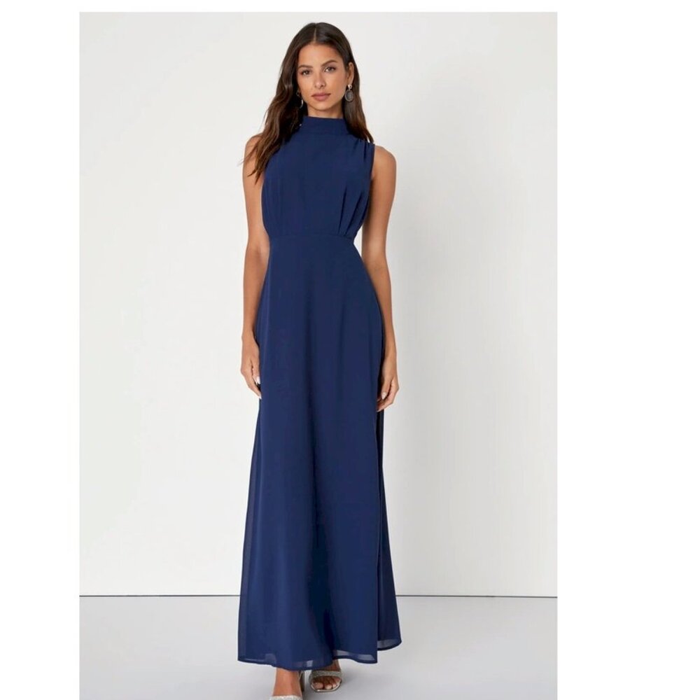 Lulus Classic Elegance Navy Chiffon Sleeveless Mock Neck Maxi Dress Small NWOT
